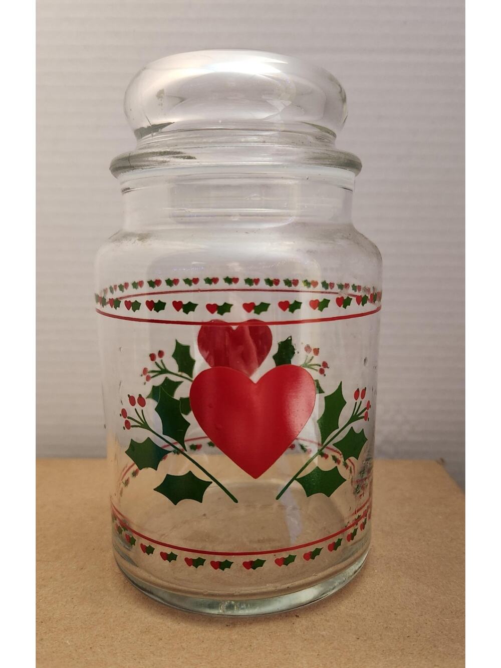 Vintage Libbey Christmas Holly & Hearts Glass Candy Jar Apothecary Bubble Lid
